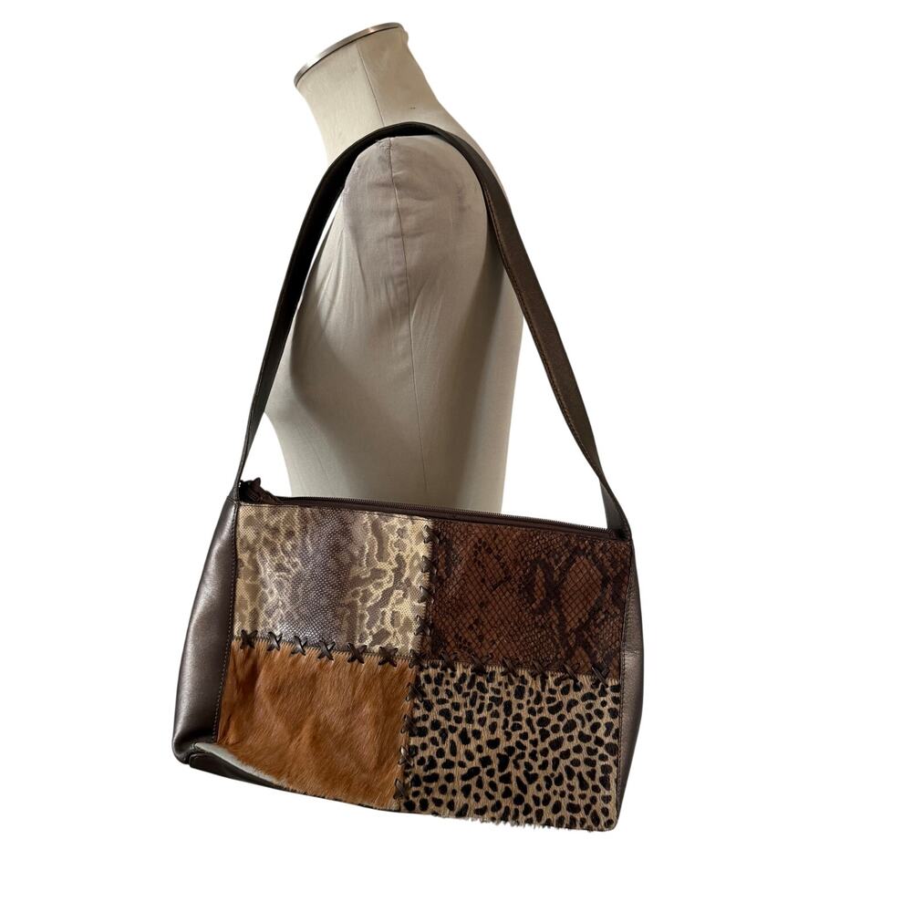 Vtg Y2K 2000s Brown Genuine Leather Animal Print Shoulder Purse